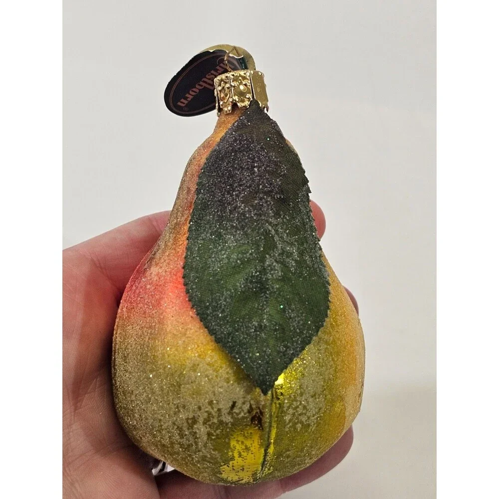 NEW VINTAGE Christborn‎ Marshall Field's Blown Glass Sparkly Pear Ornament Fruit